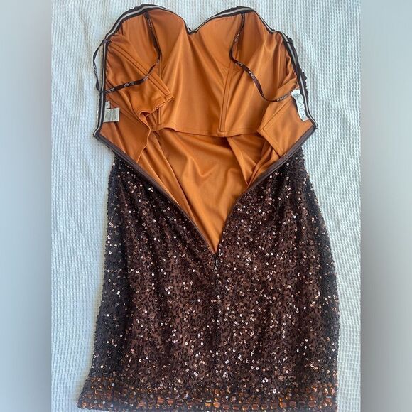 Scala Sequin Silk Strapless Bodycon Copper Brown Mini Sparkly Glam Mini Dress  6 - Picture 10 of 13